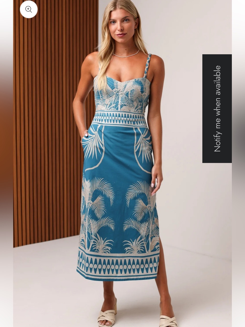 Teal Palm-Print Midi Dress with Slim Straps